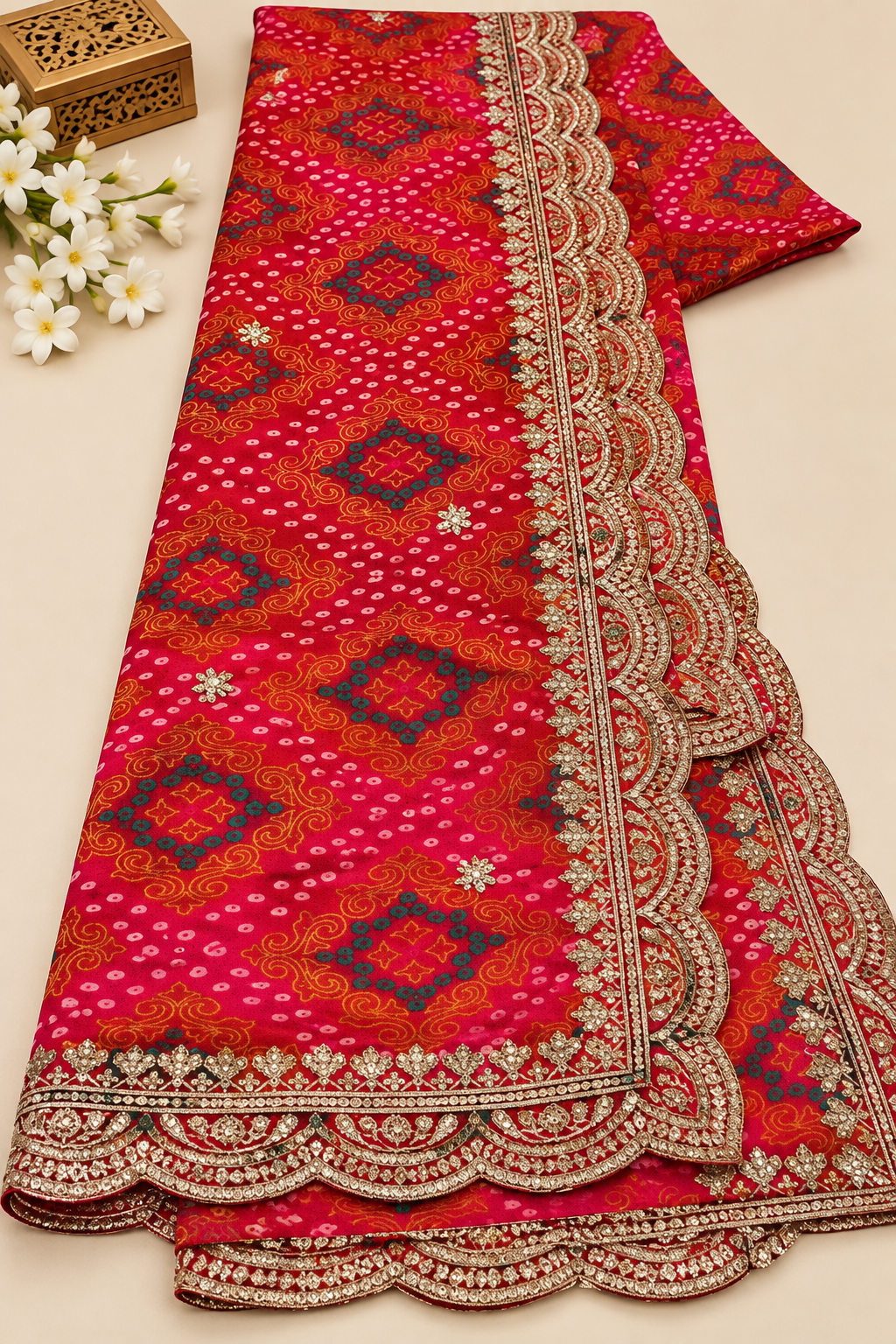 Red Bandhani Embroidered Scalloped Dupatta