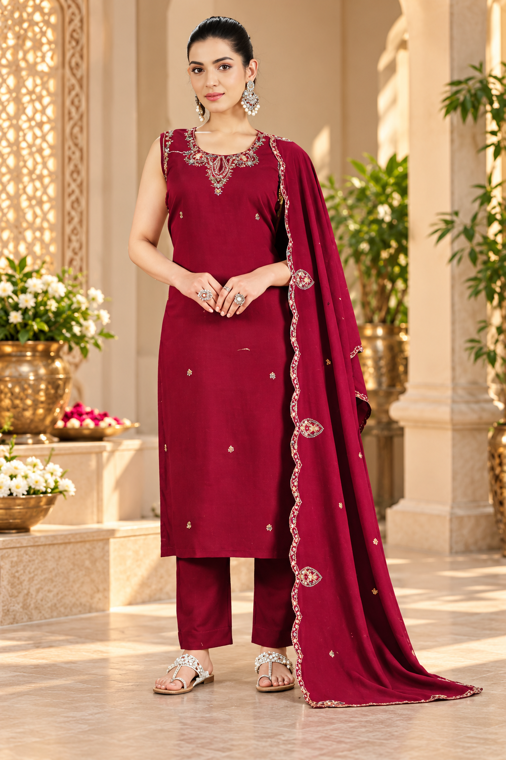Women's Embroidered Maroon Kurta Set with Dupatta