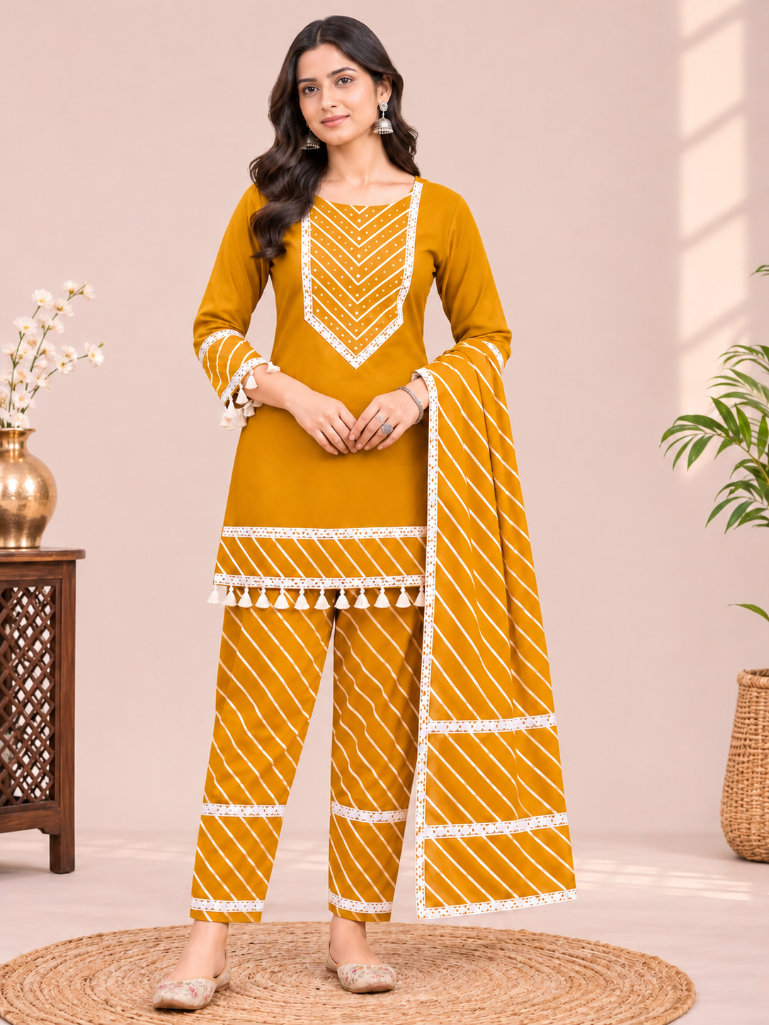 Women's Mustard Yellow Leheriya Kurta Set
