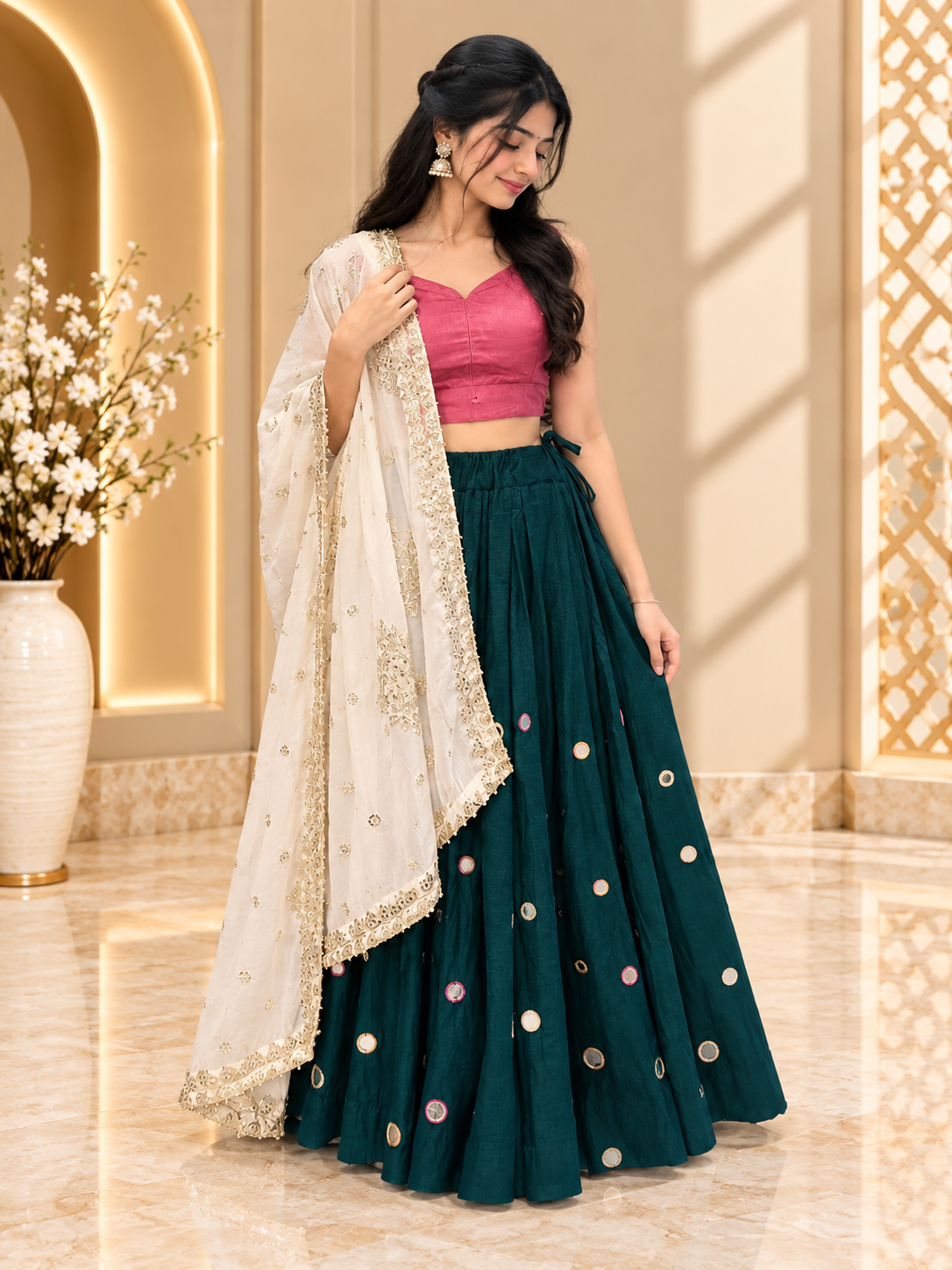 Women's Teal Mirror Work Pleated Chaniya Choli