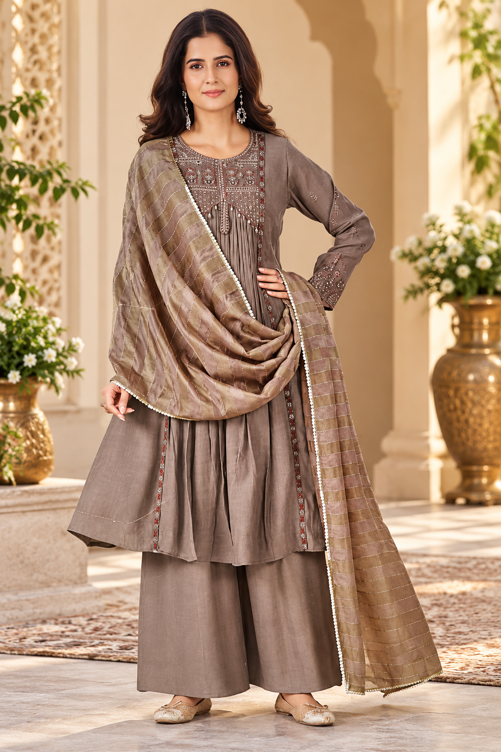 Women's Embroidered Pleated Kurta Set