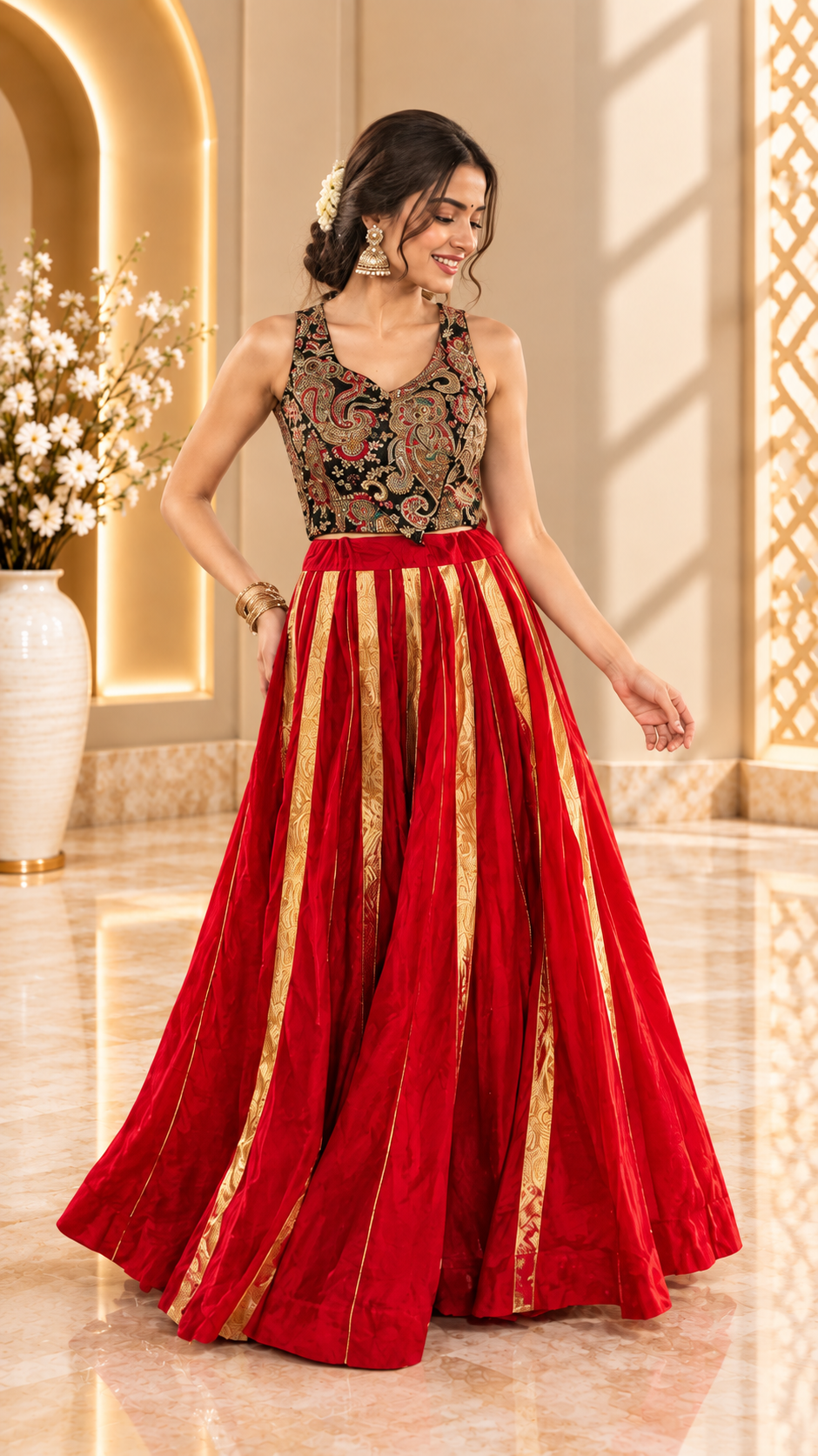 Women's Red Velvet Chaniya Choli with Gold Stripes