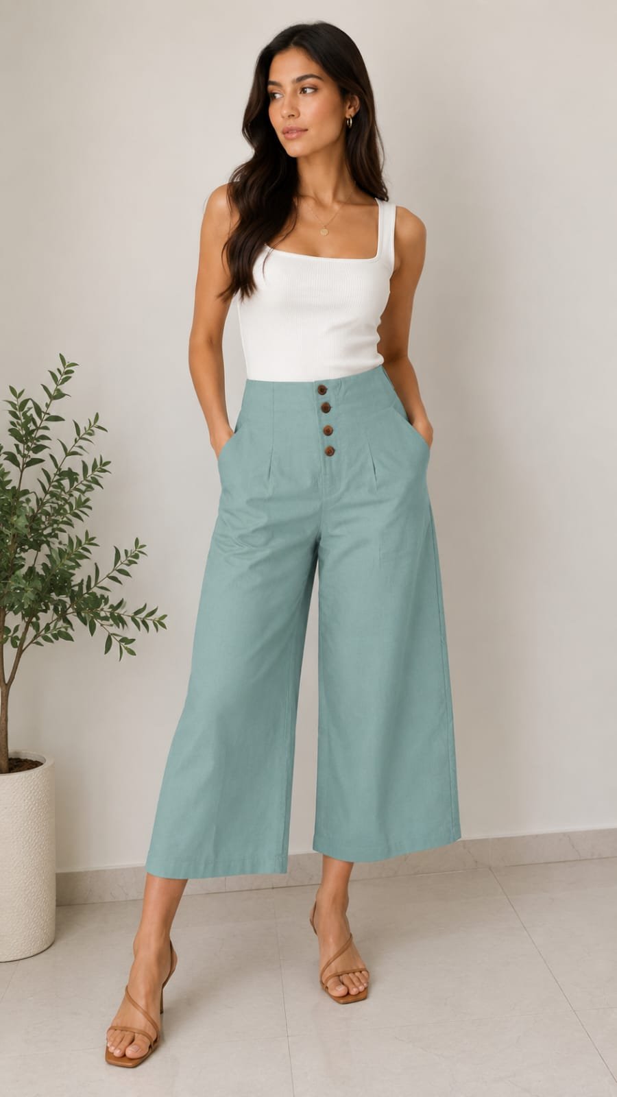 Women's High-Waist Button Detail Wide-Leg Cropped Pants