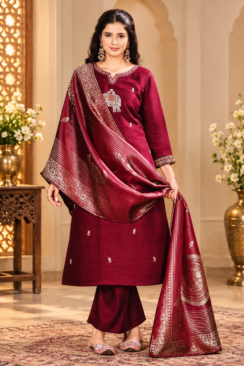 Women's Embroidered Maroon Kurta Set with Dupatta