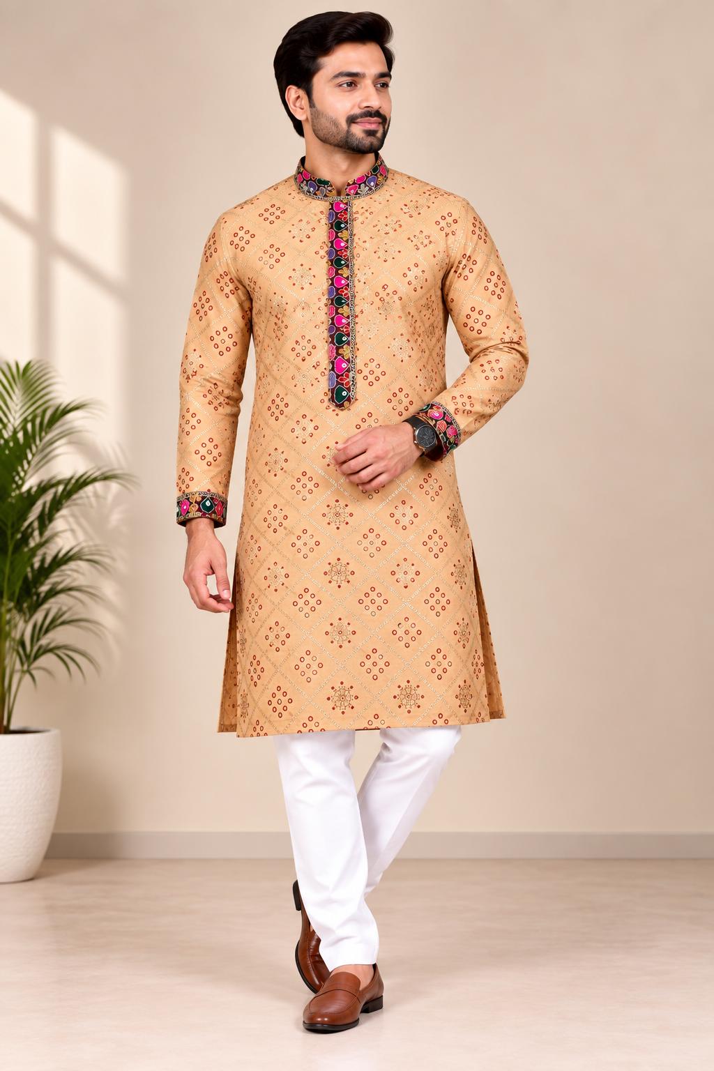 Men's Embroidered Bandhani Print Kurta
