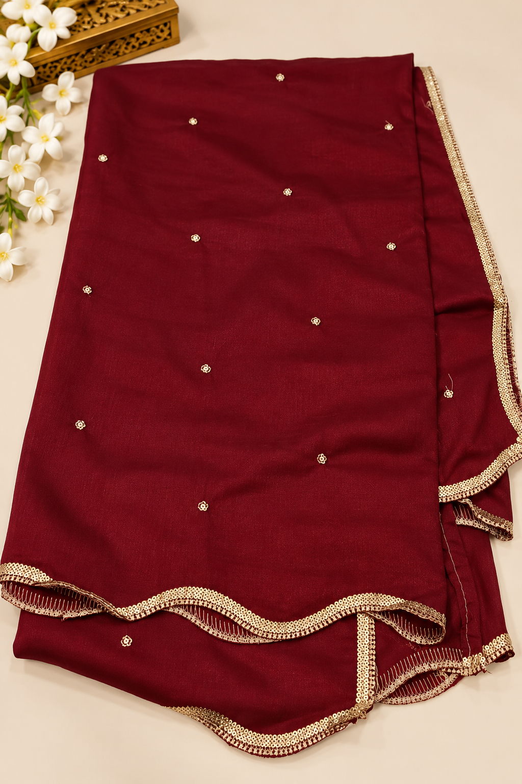 Women's Maroon Embroidered Dupatta with Scalloped Border