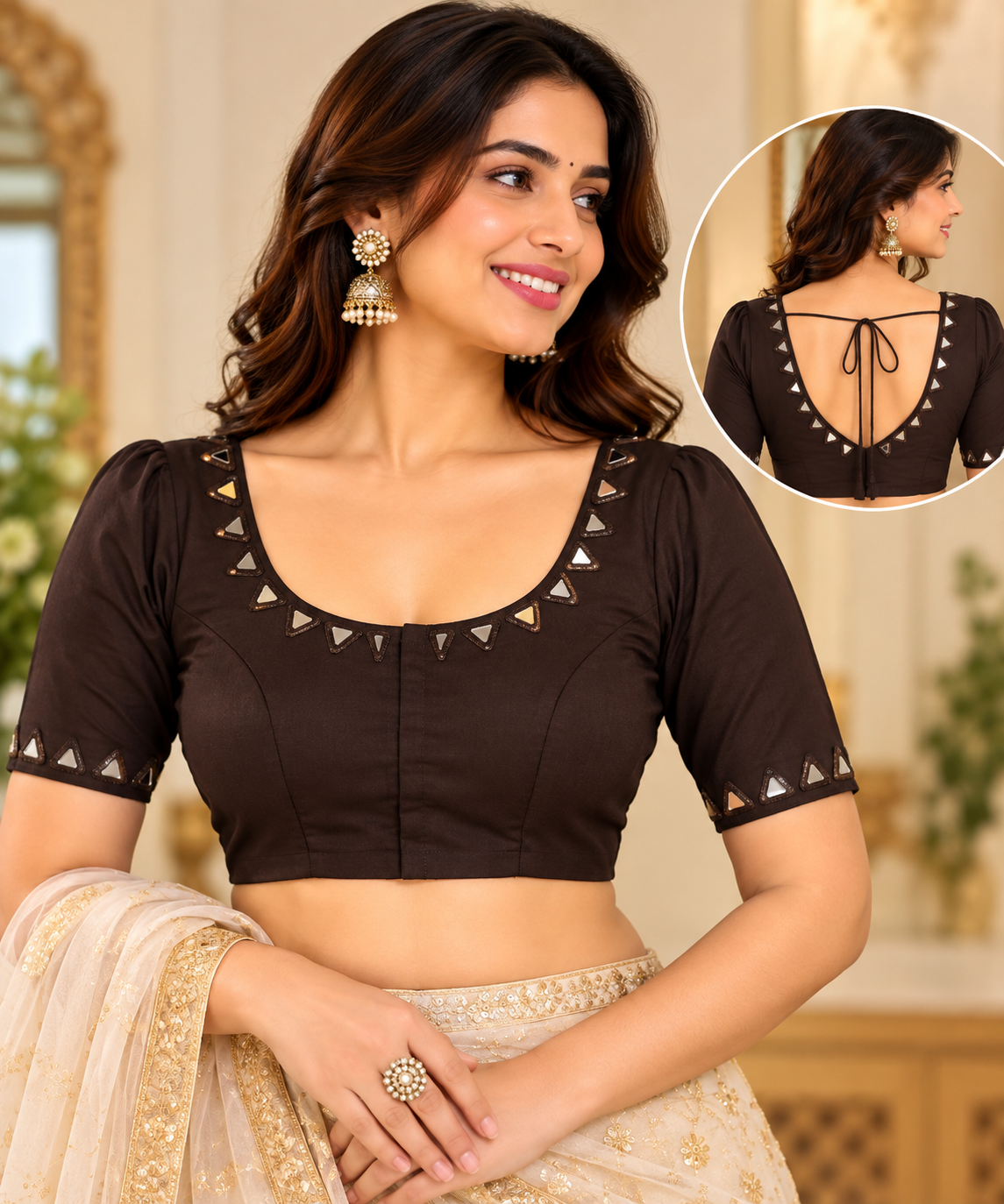 Women's Dark Brown Mirror Work Blouse