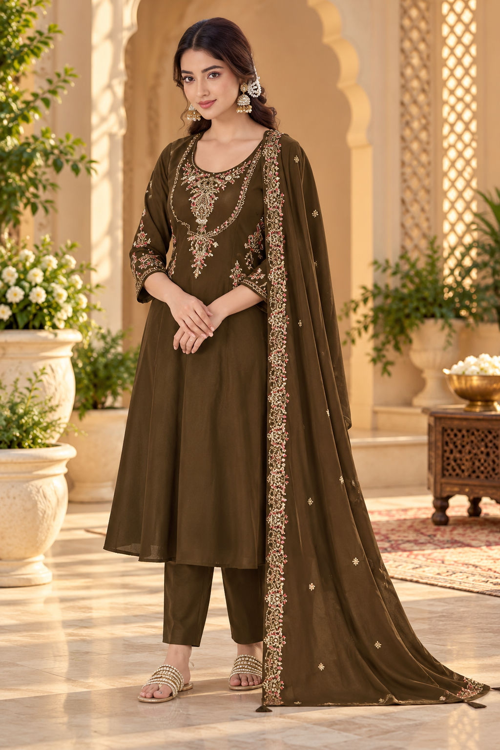 Women's Embroidered Olive Green Anarkali Kurta Set