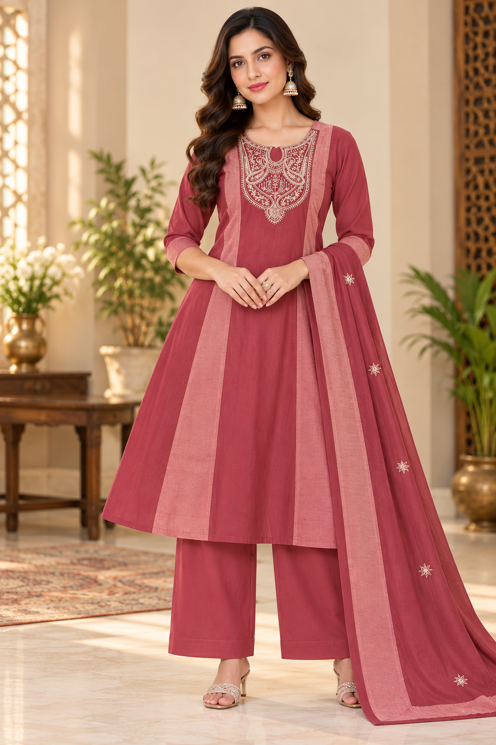 Women's Embroidered Maroon Anarkali Suit Set