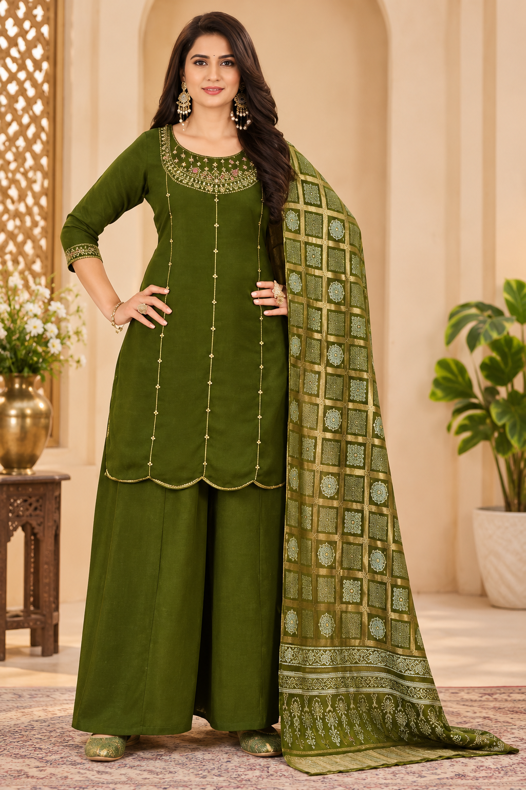 Women's Olive Green Embroidered Kurta Set