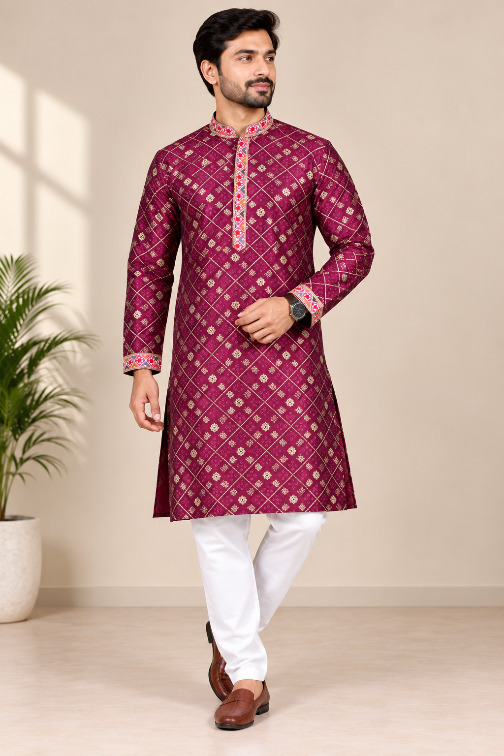Men's Maroon Printed Silk Blend Kurta