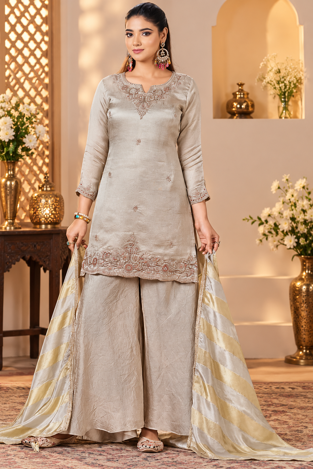 Women's Embroidered Kurta with Palazzo & Dupatta Set