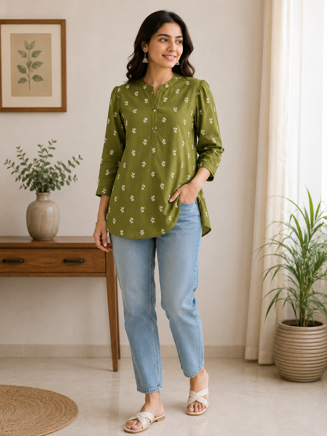 Women's Green Floral Embroidered Tunic Top